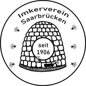 Bienekorb schwarz auf weißem Hintergrund umgeben von Bienen. In der Mitte "Seit 1906"